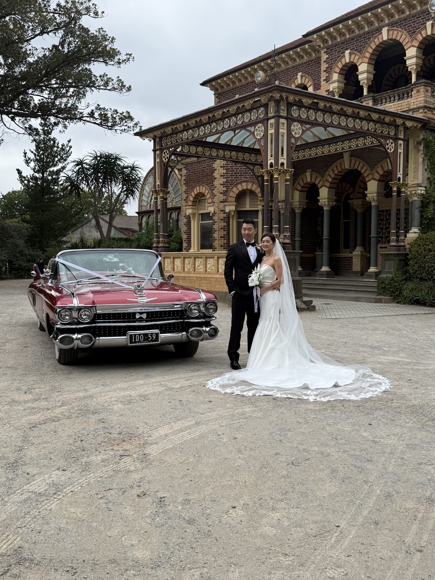 Side view of Rosie, Caddyman's rose pink Cadillac convertible, by a vineyard near Melbourne