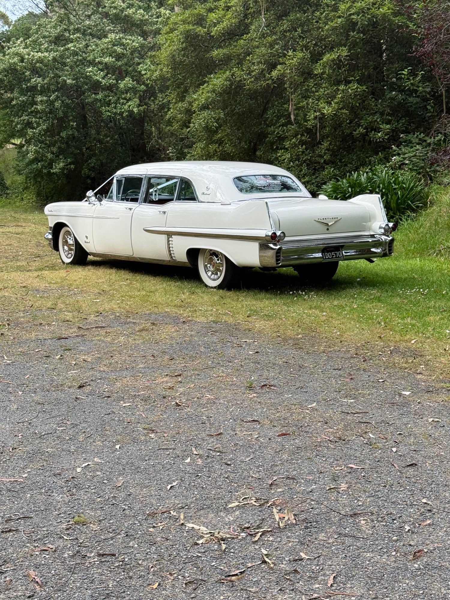 Front view of The Dutchess, Caddyman's white Cadillac Series 75 wedding limousine, on a garden lawn