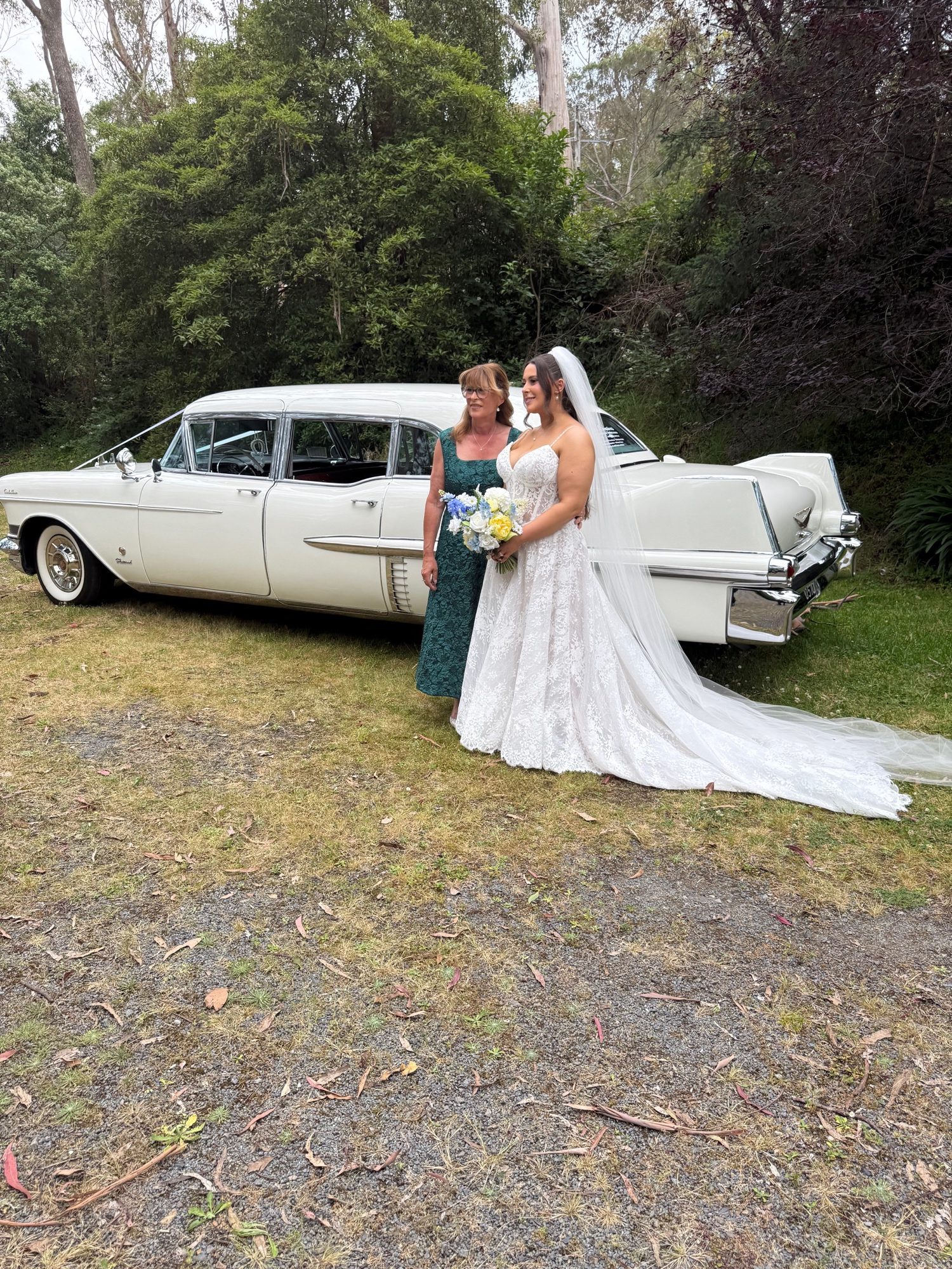 The Dutchess, Caddyman's white Cadillac wedding limousine, at a Melbourne wedding venue