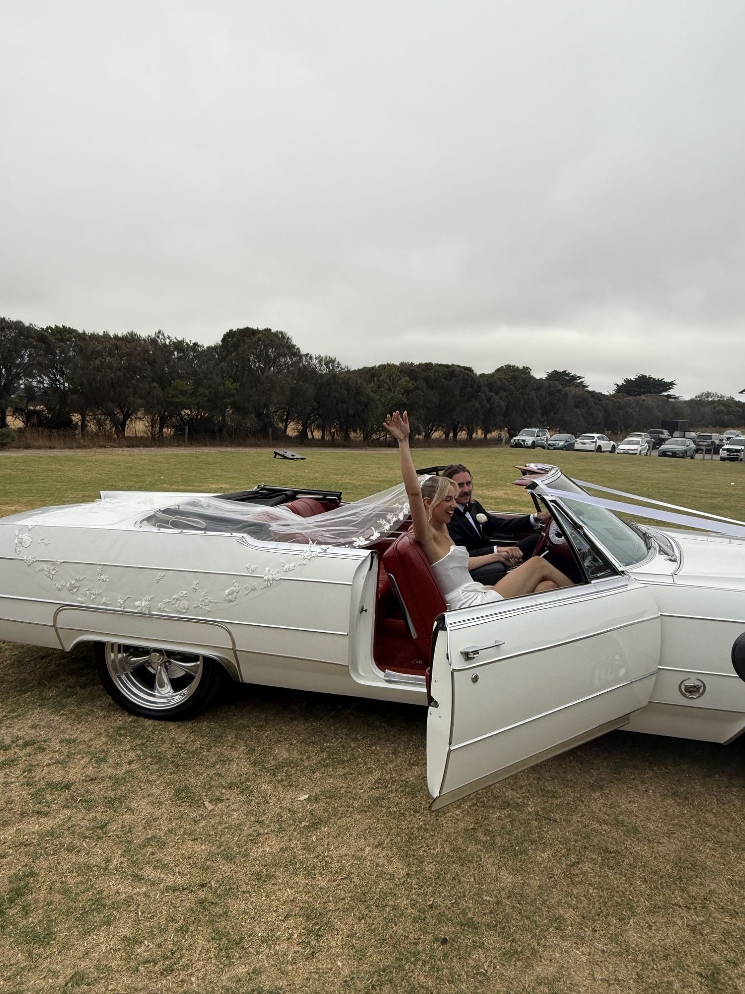 Queen B, Caddyman's white 1966 Cadillac Coupe De Ville convertible, with the bride and groom on board in open parkland