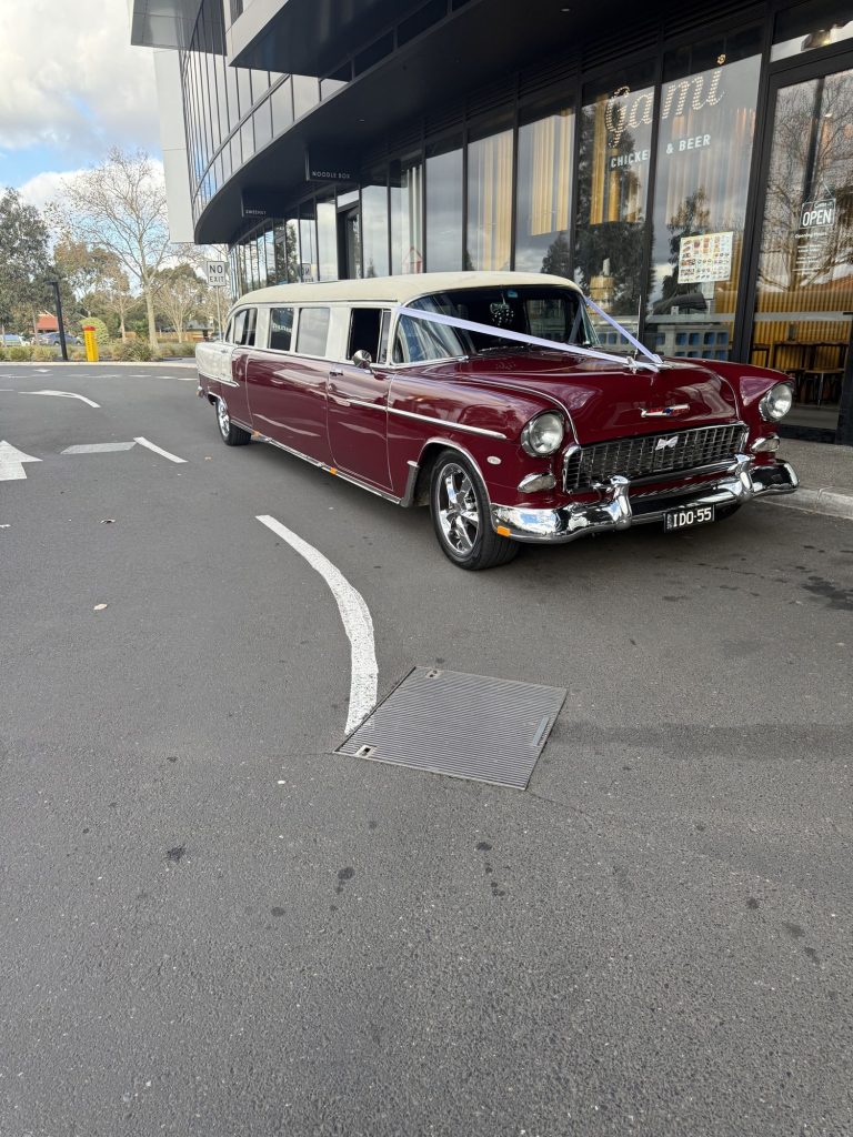 The Prince of Belair, Caddyman's maroon 1955 Chevrolet Bel Air stretch limousine, on a Melbourne city street